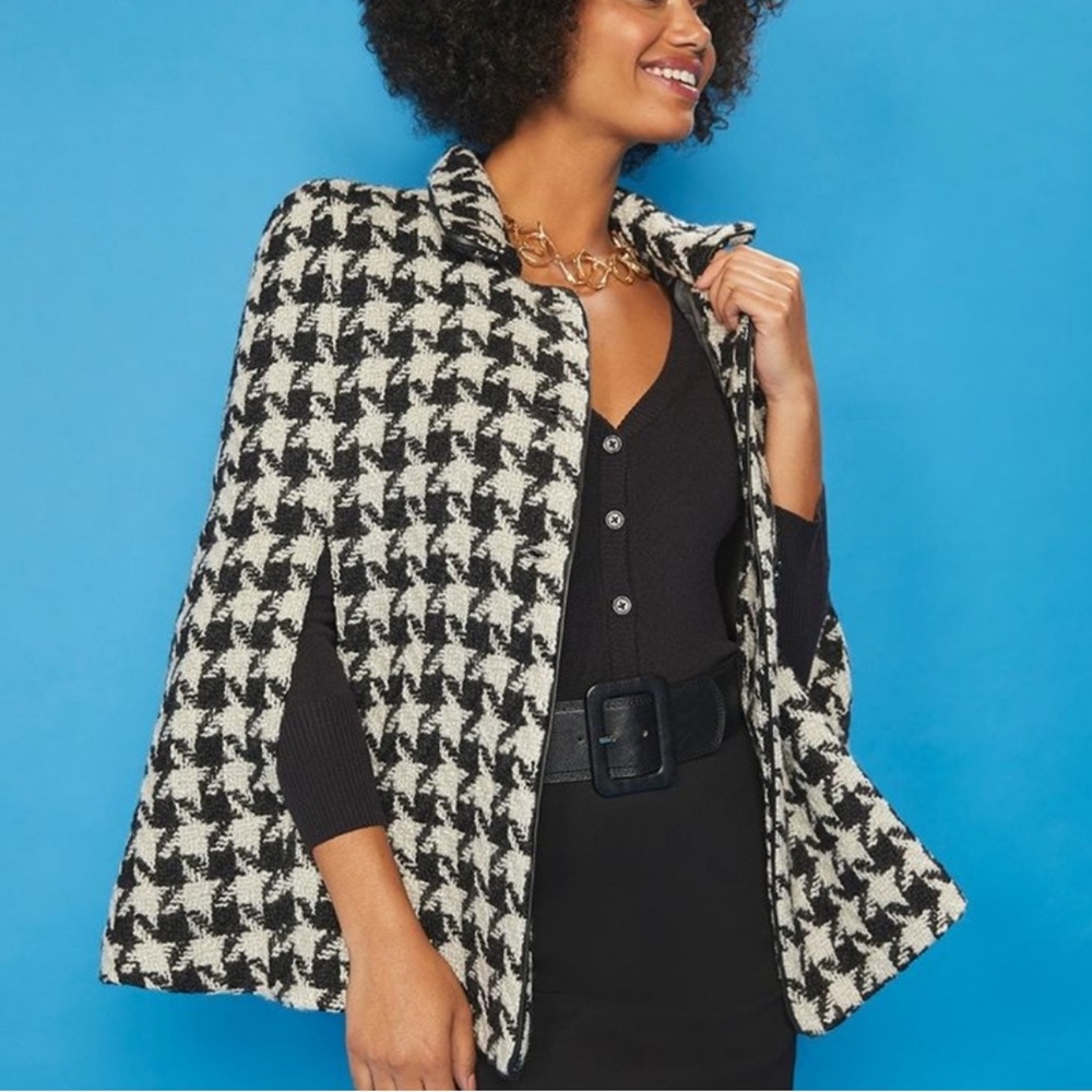 Modcloth Cape Houndstooth Wool Blend Black White Size M